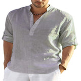 Men's V-neck t shirt Blouse Cotton Linen Shirt Loose Tops Long Sleeve Shirt Spring Autumn Casual Handsome Mart Lion   