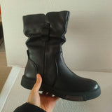 Ankle Boots Cow Leather Motorcycle Platform Wedge Winter Plush Knee High Women Shoes