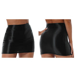 Women Casual Pencil Skirt Solid Color Waist Elastic Waistband Glossy Miniskirt MartLion Black XS 