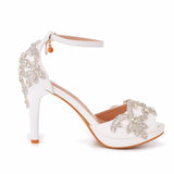 Women Wedding Shoes Bride Sandals White Rhinestones Silver Platform Dress Thin High Heels Ladies Pumps MartLion   