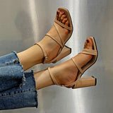 Luxury Brand Design Summer Rivet High Heels Women's Thick Heel Sandals Mid-heel Open Toe With PVC  Buckle Strap Square Heel Mart Lion 901-Khaki 36 