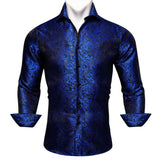 Luxury Shirts Men's Silk Embroidered Blue Paisley Flower Long Sleeve Slim Fit Blouses Casual Tops Lapel Cloth Barry Wang MartLion   