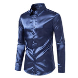 Men's Black Satin  Dress Shirts  Silk Smooth Shirt Solid Wedding Party Prom Casual Shirt  Office MartLion   