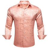 Luxury Silk Shirts Men's Pink Flower Long Sleeve Slim Fit Blouese Casual Tops Formal Streetwear Breathable Barry Wang MartLion 0675 S 