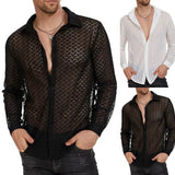 Men's Mesh Transparent Baggy Shirt Top Long-Sleeved V-Neck  Single Breasted Sheer Chiffon Shirt Tops Clothing MartLion   