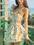 French Design Floral Strapless Dress Women Summer Holiday Casual Dress Female frock MartLion   