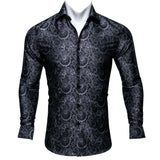 Barry Wang Luxury Black Paisley Silk Shirts Men's Long Sleeve Casual Flower Silver Shirts Designer Fit Dress MartLion CY-0039 S 