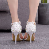 Crystal Queen Women Sandals Flowers Pearl Stilettos Bridal 9cm Evening Party High Heels Bridal Pumps Wedding Shoes MartLion   