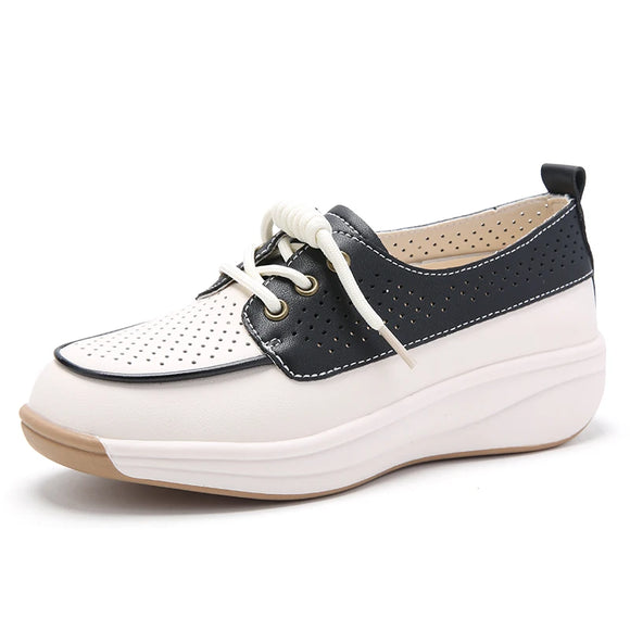 Hollow Lace Up Women sneakers Microfiber Summer Wedges Outsole Shoes Breathable loafers MartLion Beige Black 3392-1 11 