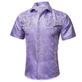 Barry Wang Luxury Purple Floral Men's Summer Silk Casual Shirt Stylish Lapel Pattern Short Sleeve Shirt Blouse Fit MartLion CY-0211 S 