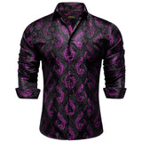 Luxury Blue Black Paisley Silk Shirts Men's Long Sleeve Wedding Party Prom Tuxedo Dress Casual Designer Clothing MartLion CYC-2024 S 