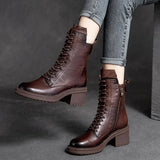 Women Shoes Winter Square Med  Boots Lace Up Zipper Ladies Pumps MartLion   