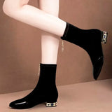 Women Pointed Toe Ankle Boots Autumn Winter Chunky Heels Rhinestones Med Heels Short Flock MartLion   