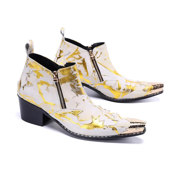  Men's Leather Boots Metal Pointy Toe Shoes Side Zipper Rock Singer Chelsea for Formal Party MartLion - Mart Lion