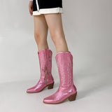 Women Boots Low Heel Shoes Cool British Embroidered Design Soft Short Party Knee High Pink Cowboy Mart Lion   