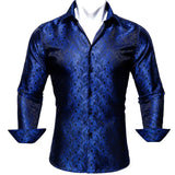 Luxury Blue Shirts Men's Solid Satin Embroidered Paisley Flower Long Sleeve Slim Fit Blouses Casual Lapel Tops Barry Wang MartLion   