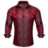 Luxury Shirts Men's Silk Red Green Paisley  Long Sleeve Slim Fit Blouses Button Down Collar Casual Tops Barry Wang MartLion 0453 S 