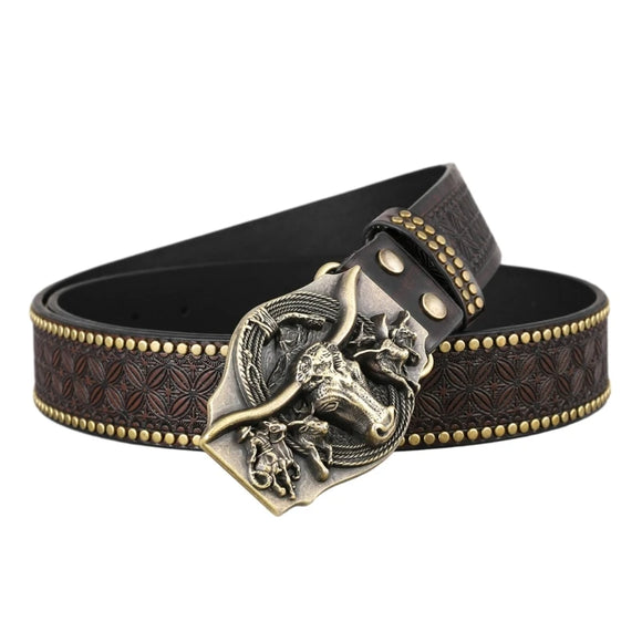 Western Cowboy PU Leathers Belt Men's Waist Strap Vintage Engraved Belt for Jeans MartLion 120cm  