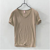 Men's T Shirt Pure Color V Collar Short Sleeved Tops Tees 10colors slim Fitness Clothes MartLion khaki EU M 60-70kg 