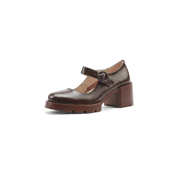 Split Leather Mary Janes Women Shoes Platform Shallow Pumps Round Toe High Heels MartLion brown 34 