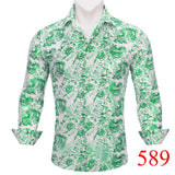 Luxury Shirts Men's Long Sleeve Silk Green Flower Slim Fit Tops Casual Button Down Collar Bloues Breathable Barry Wang MartLion   