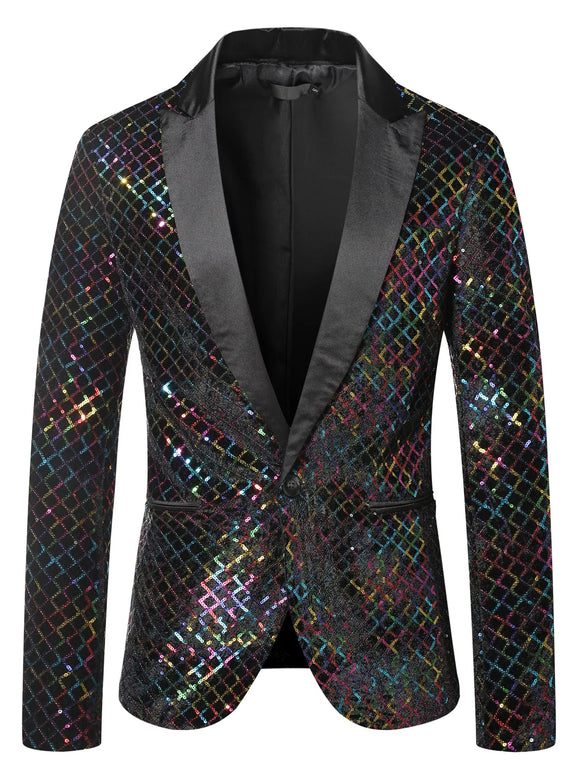 Glitter Embellished Groom Jacket Stylish Men's One Button Shiny Plaid Tuxedo Nightclub Prom Stage blazers MartLion   