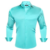 Designer Shirts Men's Silk Satin Dark Green Teal Solid Long Sleeve Button Down Collar Blouses Slim Fit Tops Barry Wang MartLion 0532 S 