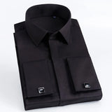 Men's French Cuff Dress Shirt Slim Fit Covered Button Cotton Male Party Wedding Tuxedo Shirts  with Cufflinks MartLion black 41 