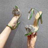 Liyke Summer Party Wedding Stripper High Heels Crystal Bowknot Pointed Toe Women Pumps PVC Transparent Sandals Shoes Green Mart Lion   