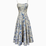 Dress Women Chic French Style Blue Oil Painting Skirt  Floral Waist-fitted Tank Frock Long Sling For Female MartLion   