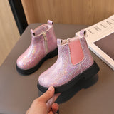 Autumn Spring Children Short Boots Girls Crystal Chelsea Boots Little Princess Bling Bling Baby Shoes Kids Leather MartLion Pink 30 insole 18cm 