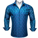 Luxury Shrits Men's Sky Roal Blue Navy Embroidered Paisley Long Sleeve Casual Slim Fit Blouses Lapel Barry Wang MartLion 0468 S 
