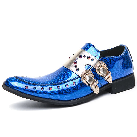 Luxury Blue Patent Leather Pointed Toe Shoes Men's Rivet Wedding Loafers Party Formal Dress MartLion Blue 5522-1 38 
