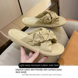 Women Slippers Summer Causal Outwear Korean Flat Sole Slippers Designer Pleated Shoes Female Mart Lion Apricot 35 