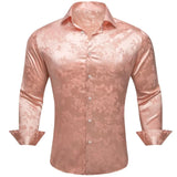 Luxury Silk Shirts Men's Pink Flower Long Sleeve Slim Fit Blouese Casual Tops Formal Streetwear Breathable Barry Wang MartLion 0697 S 