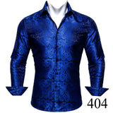 Designer Blue Silk Paisley Shirts Men's Lapel Woven Long Sleeve Embroidered Four Seasons Exquisite Fit Party Wedding MartLion   