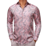 Designer Shirts Men's Silk Long Sleeve Pink Black Flower Slim Fit Blouses Casual Formal Tops Breathable Barry Wang MartLion 0419 S 