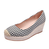 Wedges Heels Shoes Women Spring Summer Cloth Plaid Ladies High Heel 7cm MartLion   