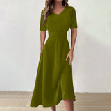 Women Dress Casual Print Mid-Calf Dresses V-Neck Short Sleeves Frocks Robes MartLion Army Green XXL United States