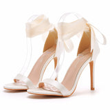 Fish Mouth High Heel Strap Sandals Beautiful Ribbon Silk Fabric High Heel Women's Shoes Banquet Wedding Dress MartLion   