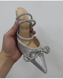 Runway style Glitter Rhinestones Women Pumps Crystal bowknot Satin Summer Lady Shoes Genuine leather High heels Party Prom MartLion   