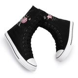 Mid Length Women's Shoes with Front Lace Up Side Zipper Rose Pattern Casual Student Board MartLion black increase2.5cm 42 
