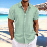 Cross-border men's linen striped jacquard casual loose short-sleeved shirt MartLion Light green S 