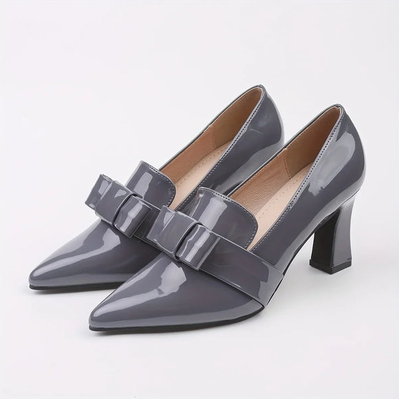 Elegant High Heeled Pumps For Women, Pointed Toe Shallow Mouth Slip On Soft Sole Dressy Chunky Heels, Bowknot Formal Shoes MartLion