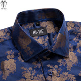 Hi-Tie Men's Silk Shirts Jacquard Paisley Floral Long Sleeve Lapel Shirt Blouse Outerwear Wedding Office Breathable MartLion   