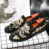 Loafers for Men's Flock Embroider Black Casual Shoes Slip-On Breathable Handmade Dress MartLion   