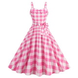 Women's Summer Dress Retro Pink Plaid Gown Christmas Party Clothes Robe Waisted Dress MartLion JY15687 M 