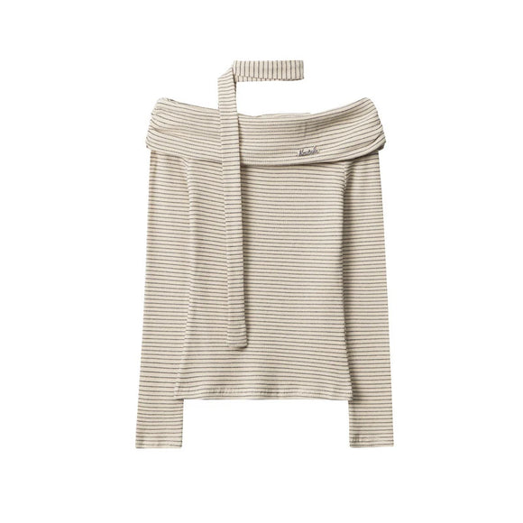 Women's Long Sleeves Skinny Pleated Split-Joint Striped Off-The-Shoulder MartLion APRICOT L 