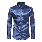 Men's Black Satin Luxury Dress Shirts Silk Smooth Tuxedo Slim Fit Wedding Party Prom Casual Chemise Homme MartLion C30 Navy US Size S 