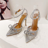 Liyke Crystal Transparent Female Pumps Thin High Heels Bowknot Pointed Toe Ankle Strap Sandals Women Shoes Mart Lion   